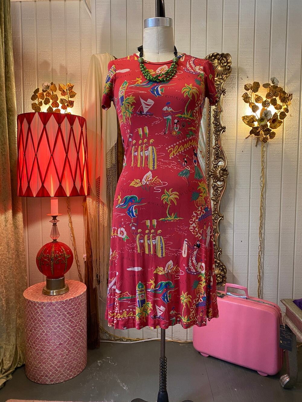 Vintage Ralph Lauren red hawaiian print dress, y2k sheath, tiki, novelty, resort
